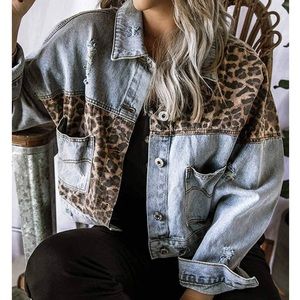 Mommy Button Down Leopard Patch Denim Jacket